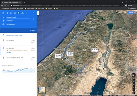 Google map of walking from Narareth to Bethlehem