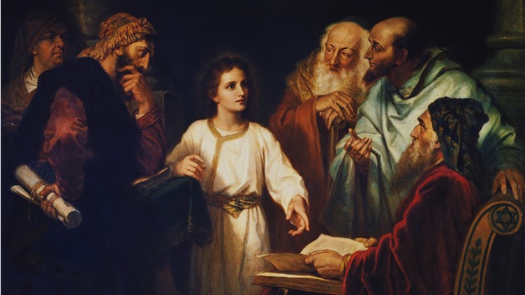 Young Jesus discusses with rabbis at the temple