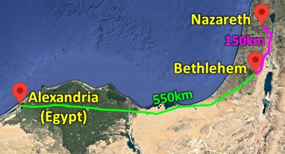 Map of distance from Bethlehem to Alexandria and Nazareth