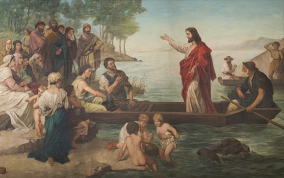 Jesus preaches from a boat