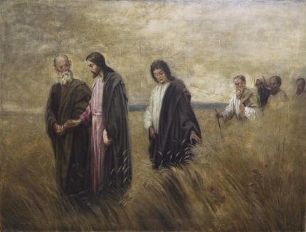 Jesus walking through the fields with his disciples