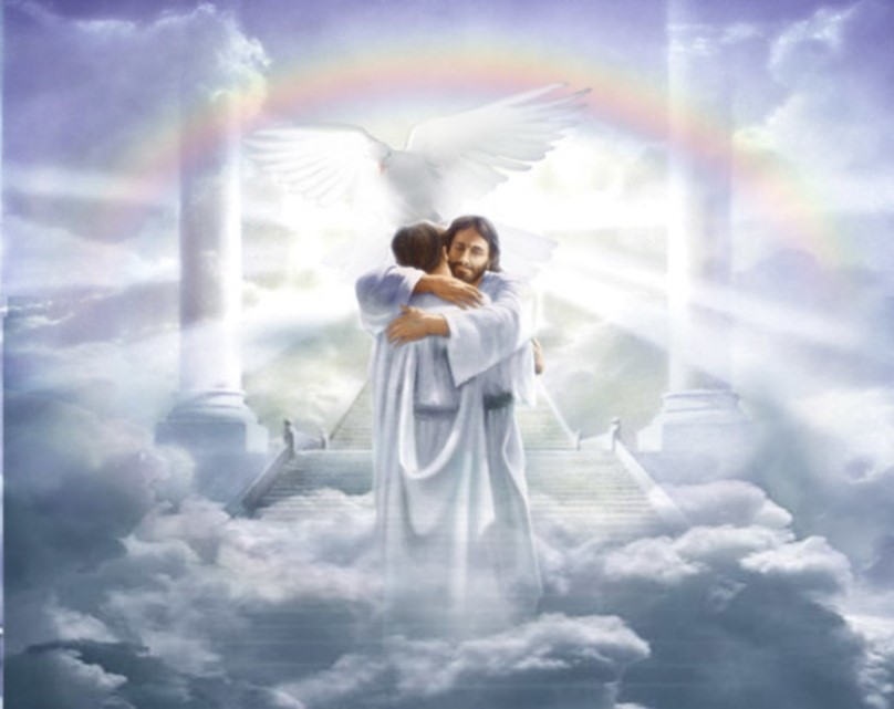 Jesus welcoming a saint into Heaven with a hug