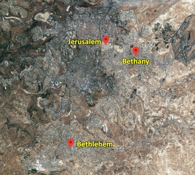Map of Bethany in relation to Jerusalem and Bethlehem